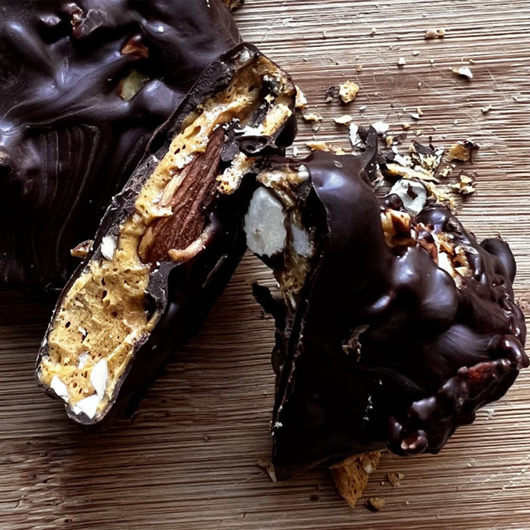 pop,rock Crunch-n-roll- 80% dark chocolate coasted nut brittle
