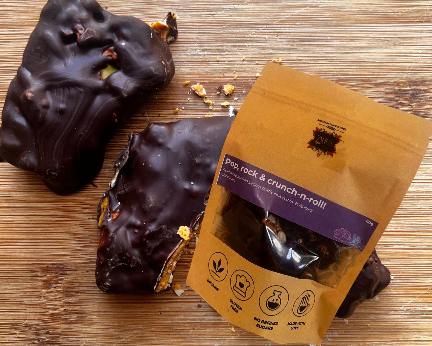 Pop,Rock Crunch-n-Roll- 80% dark chocolate coasted nut brittle